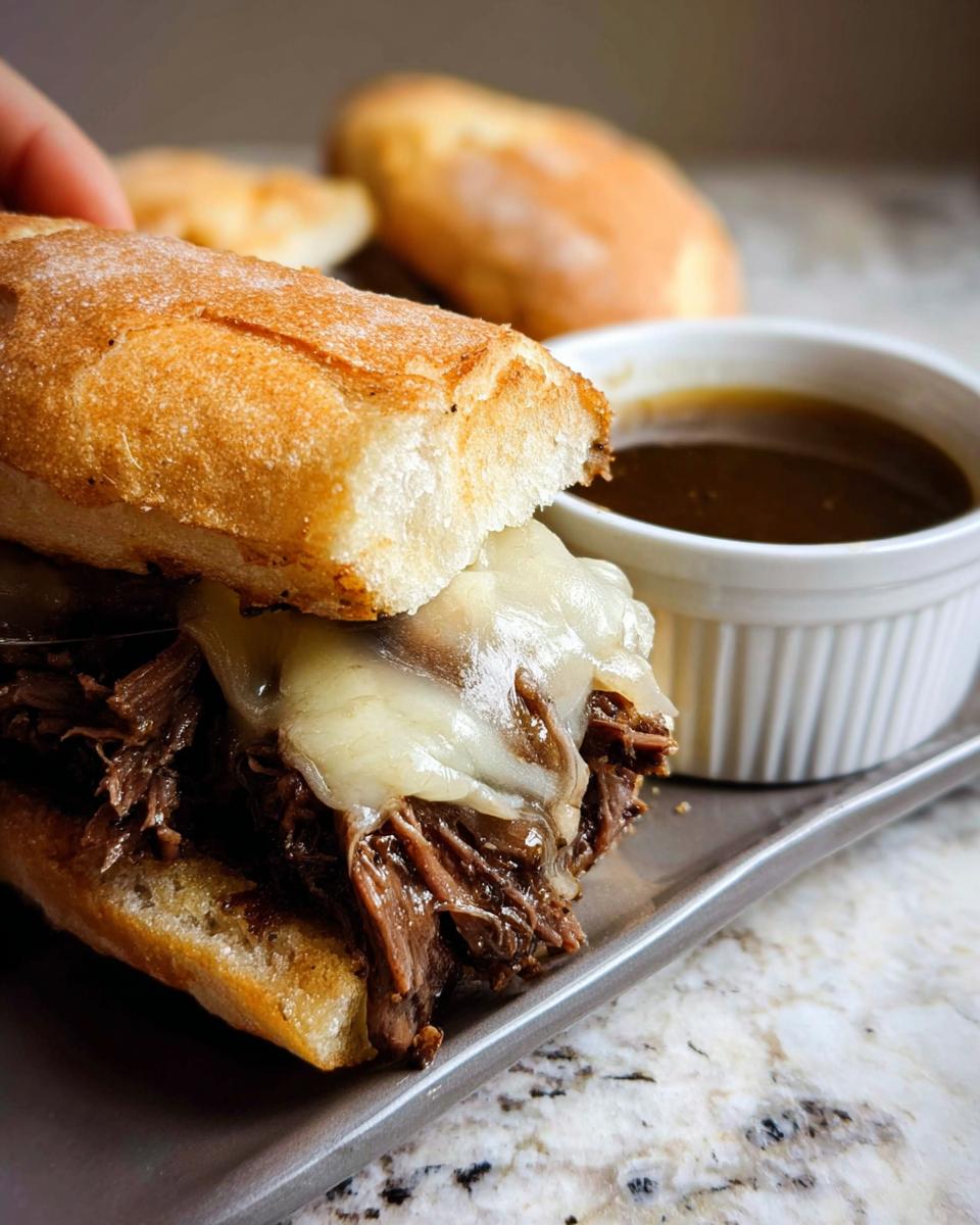 A close-up of a Crockpot French Dip Sandwich filled with shredded beef and melted provolone cheese, served with a side of au jus.