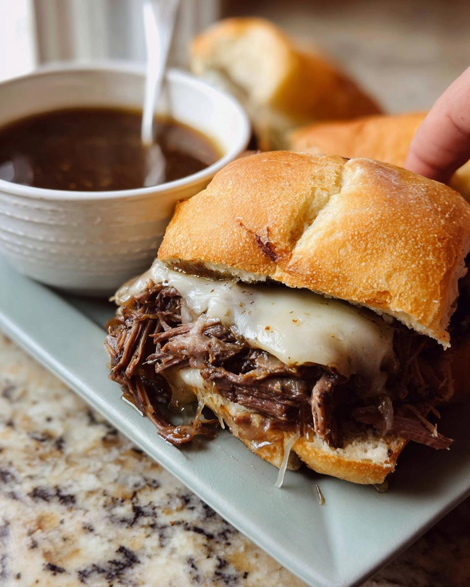 A delicious Crockpot French Dip Sandwich with melted cheese and a side of au jus.