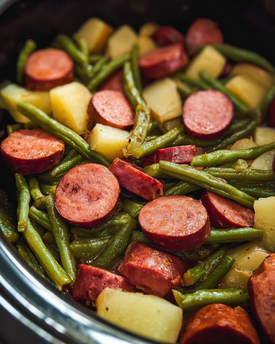 Close-up of sliced kielbasa sausage, green beans, and potatoes cooking in a crockpot.