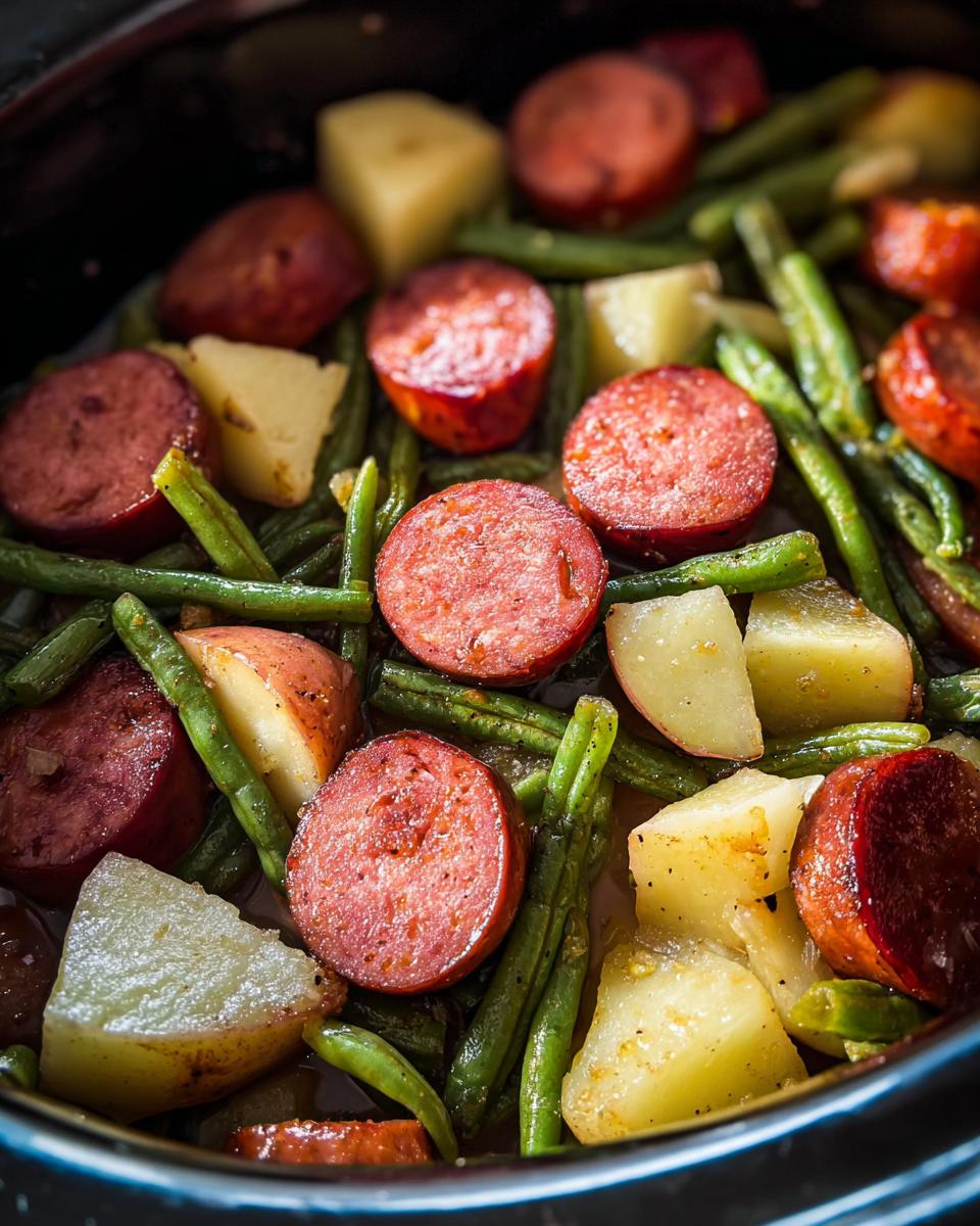 Close-up of cooked Crockpot Kielbasa and Green Beans with potatoes in a slow cooker.