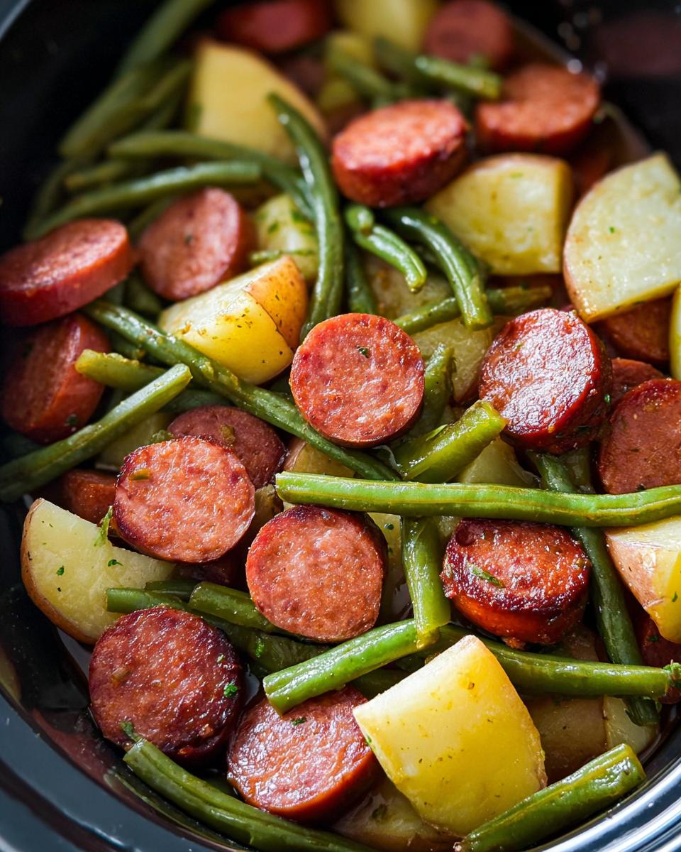 Close-up of a crockpot filled with sliced kielbasa, tender green beans, and chunks of potato.