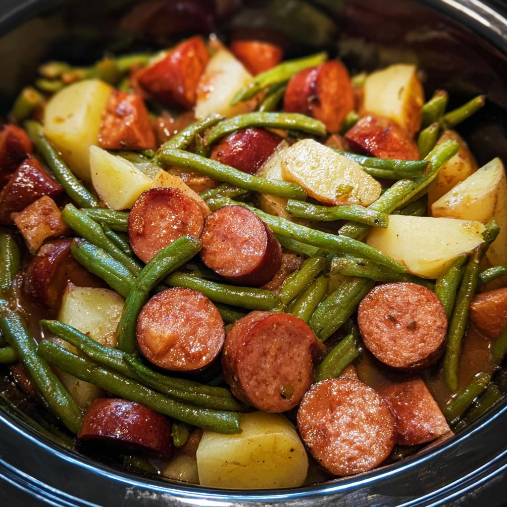 Close-up of a crockpot filled with cooked kielbasa sausage, green beans, and potatoes.