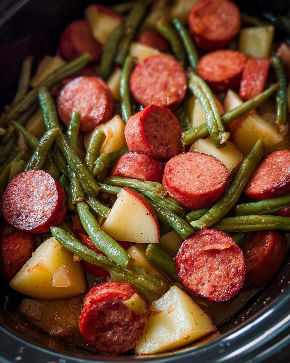 Close-up of Crockpot Kielbasa and Green Beans with potatoes cooked in a slow cooker.