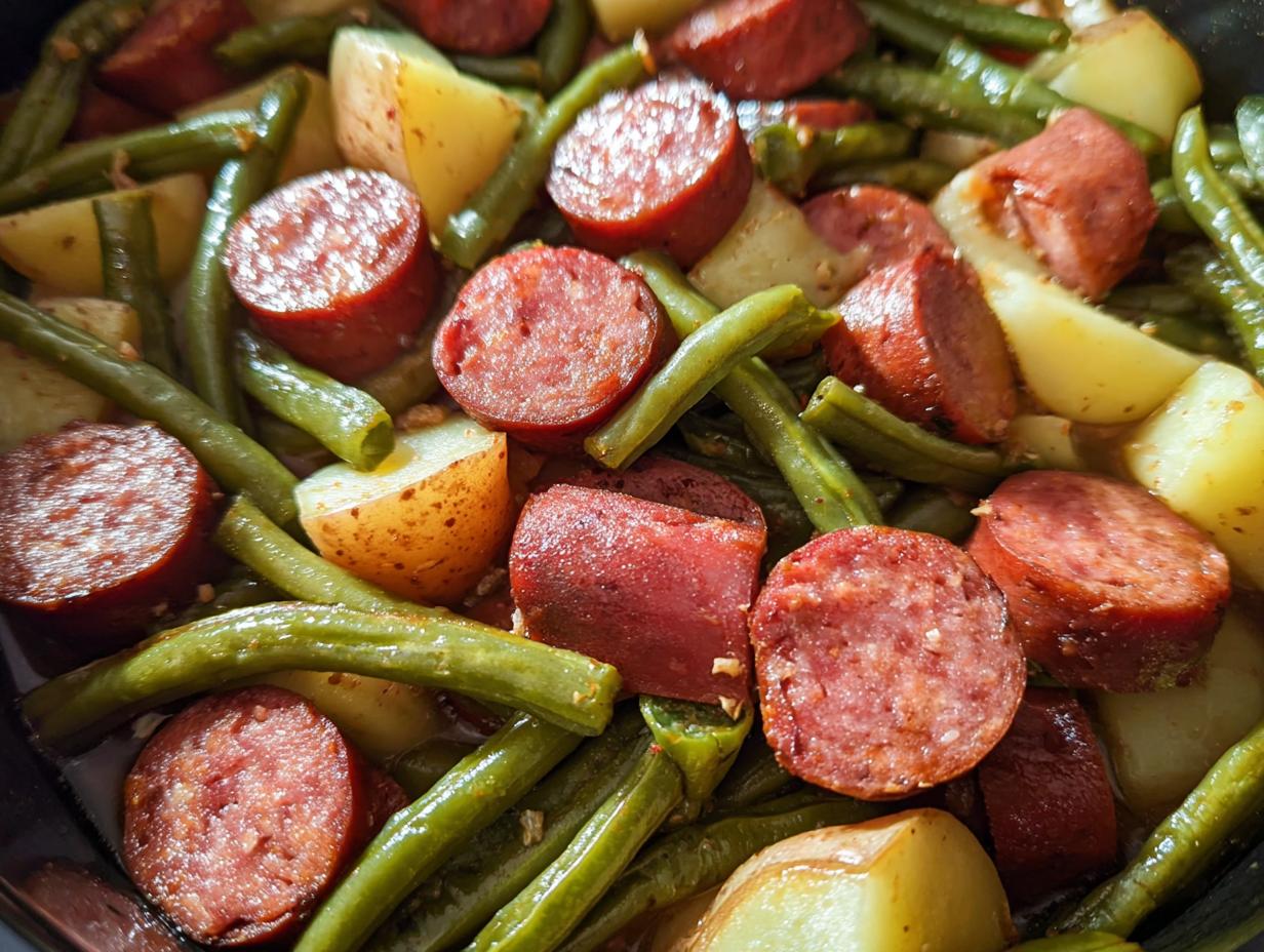Close-up of a Crockpot Kielbasa and Green Beans dish with sliced kielbasa, potatoes, and green beans.