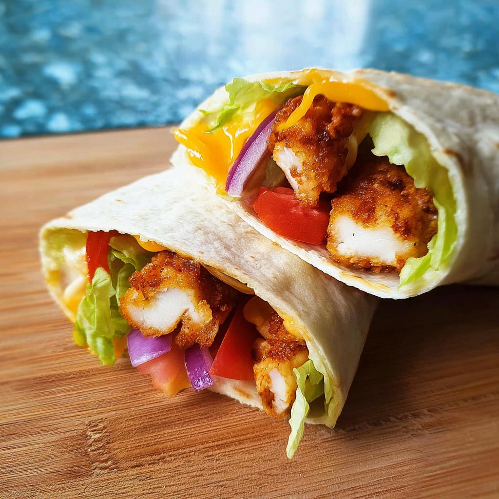 Two Crunchy Crispy Air Fryer Chicken & Mozzarella Wraps filled with chicken, lettuce, tomato, red onion, and melted cheese.
