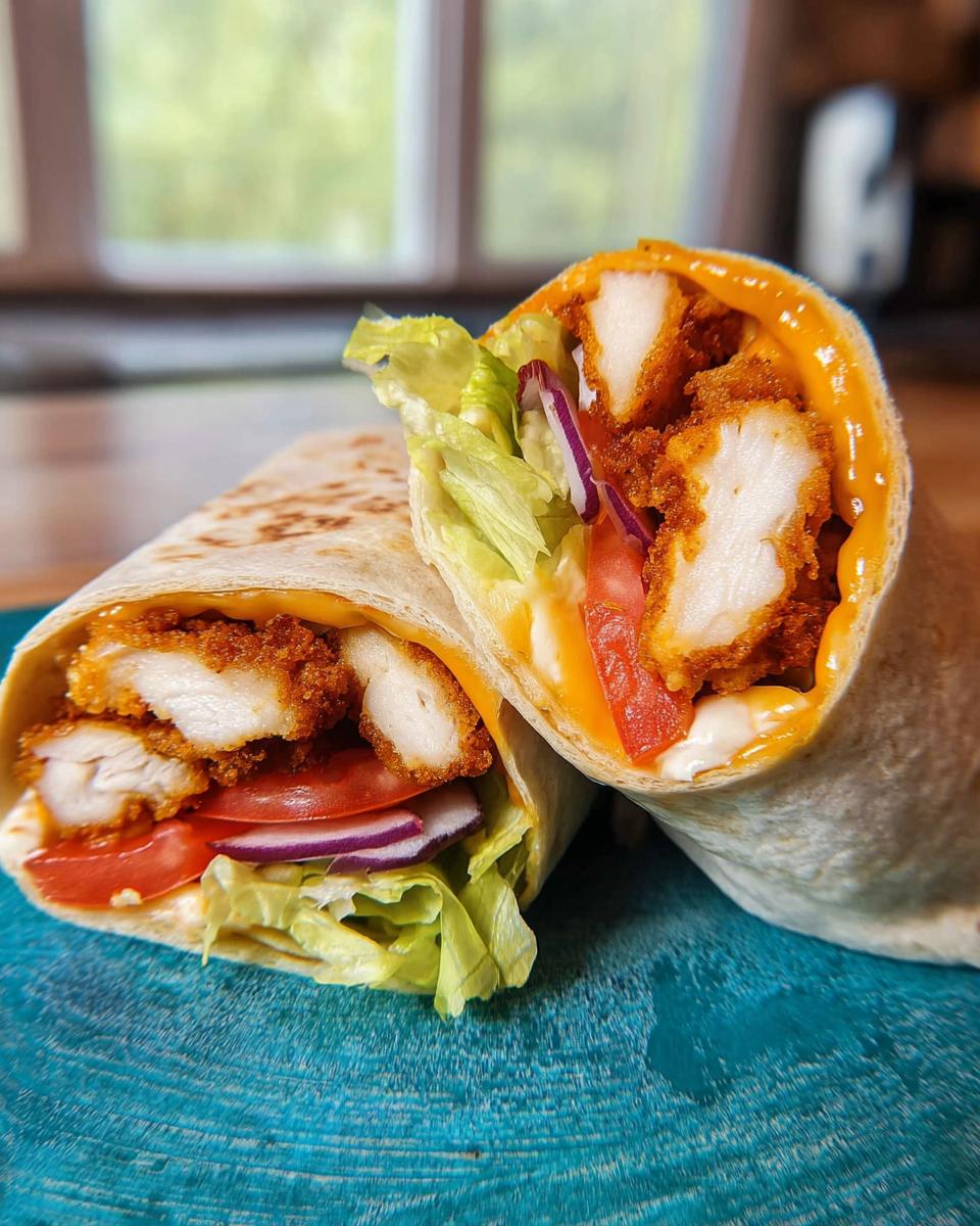 Close-up of two Crunchy Crispy Air Fryer Chicken & Mozzarella Wraps filled with breaded chicken, lettuce, tomato, and red onion.