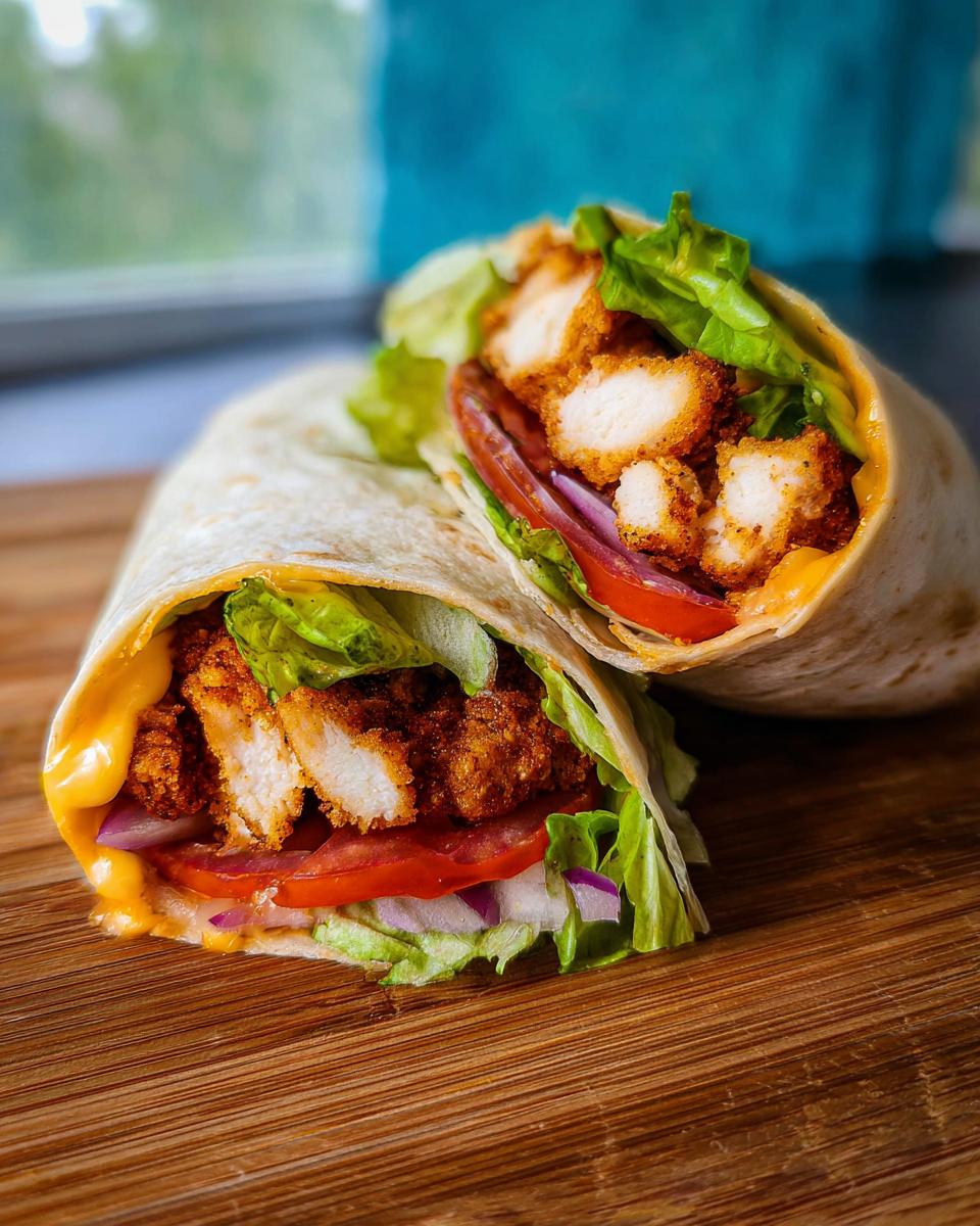 Two halves of Crunchy Crispy Air Fryer Chicken & Mozzarella Wraps filled with chicken, lettuce, tomato, onion, and cheese.