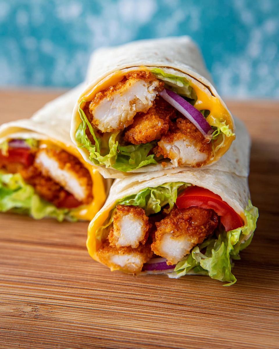 Close-up of two Crunchy Crispy Air Fryer Chicken & Mozzarella Wraps filled with lettuce, tomato, red onion, and melted cheese.
