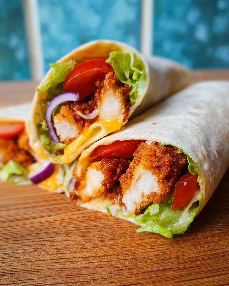 Close-up of two Crunchy Crispy Air Fryer Chicken & Mozzarella Wraps filled with fried chicken, lettuce, tomato, onion, and melted cheese.