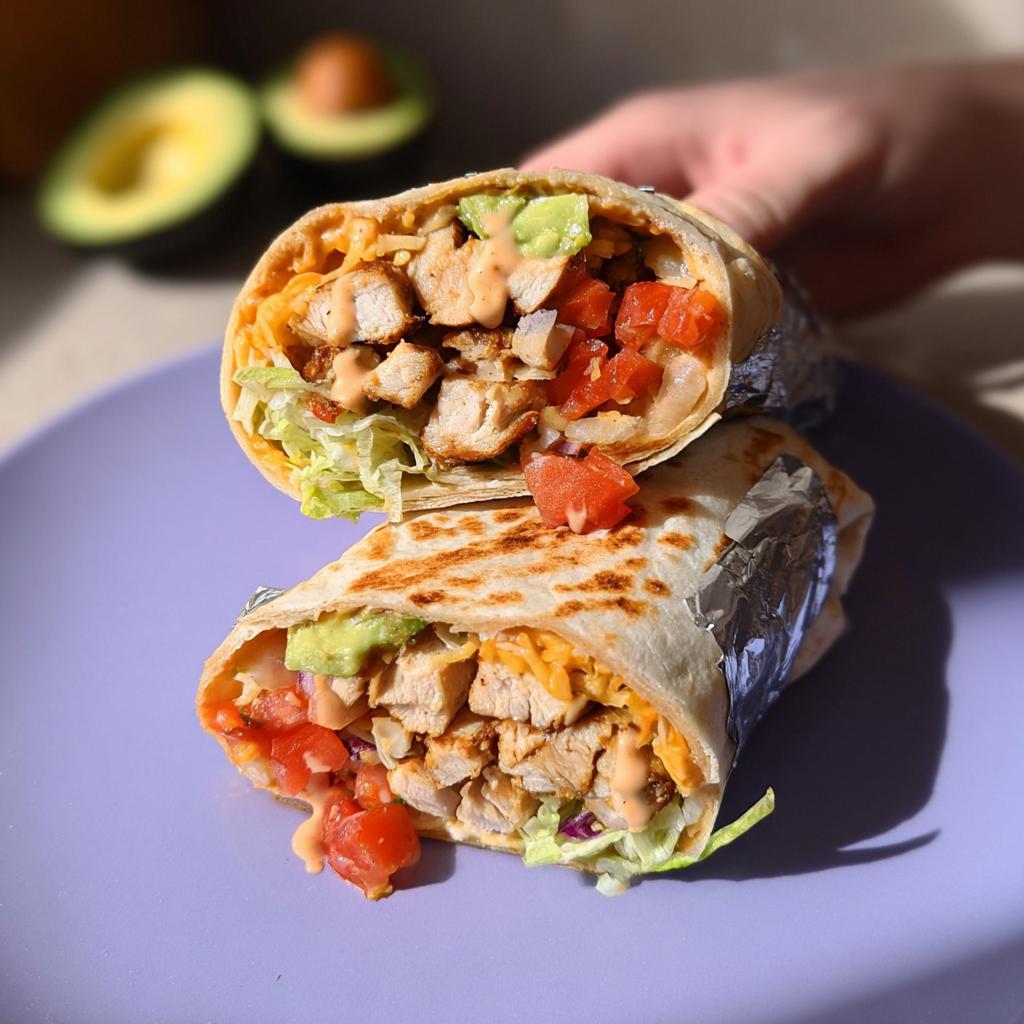 A halved Easy Chipotle Ranch Grilled Chicken Burrito on a purple plate, filled with grilled chicken, avocado, tomatoes, lettuce, and cheese.