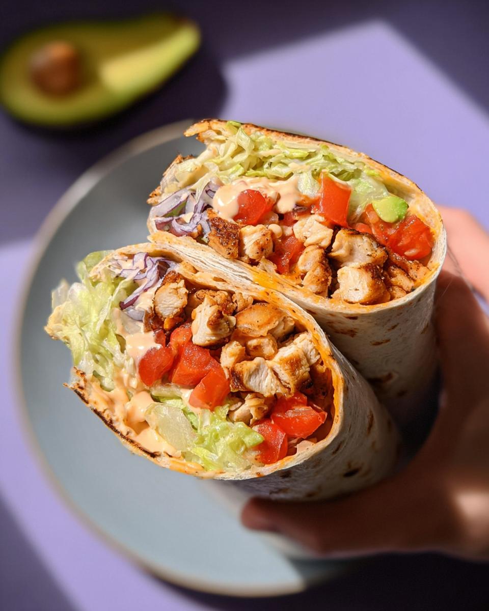 A halved Easy Chipotle Ranch Grilled Chicken Burrito filled with chicken, lettuce, tomatoes, avocado, and sauce.