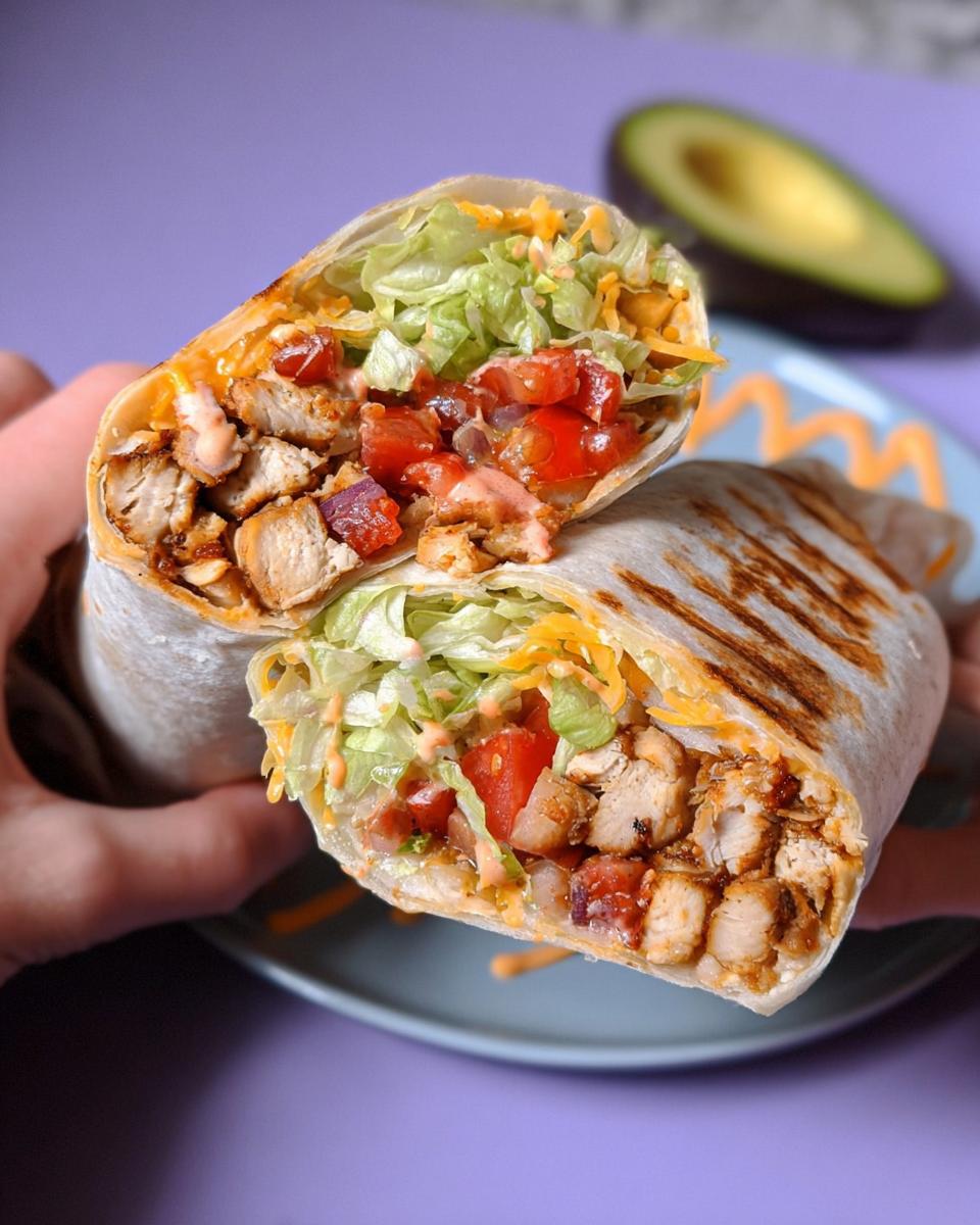 A delicious Easy Chipotle Ranch Grilled Chicken Burrito, cut in half, showing grilled chicken, lettuce, tomatoes, cheese, and sauce.