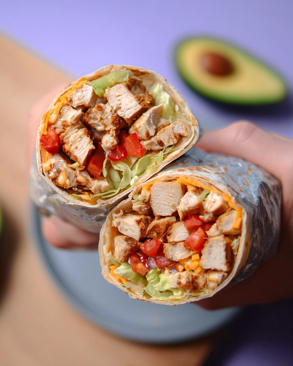 A close-up shot of an Easy Chipotle Ranch Grilled Chicken Burrito cut in half, revealing seasoned chicken, lettuce, tomatoes, cheese, and sauce.