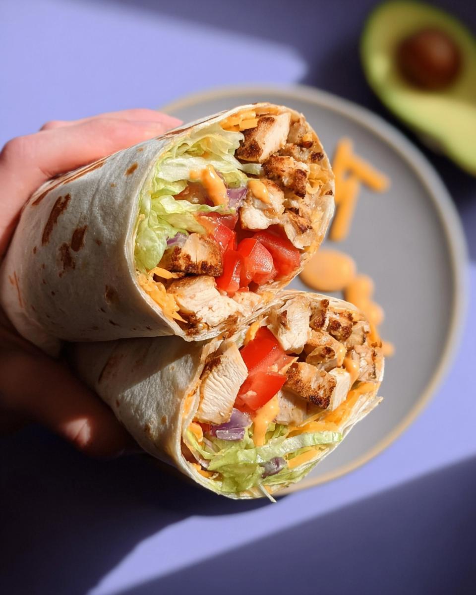 A close-up of an Easy Chipotle Ranch Grilled Chicken Burrito, cut in half, showing grilled chicken, lettuce, tomatoes, onions, cheese, and chipotle ranch sauce.