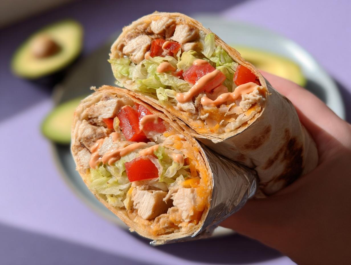 A halved Easy Chipotle Ranch Grilled Chicken Burrito filled with chicken, lettuce, tomatoes, cheese, and sauce, held in a hand.