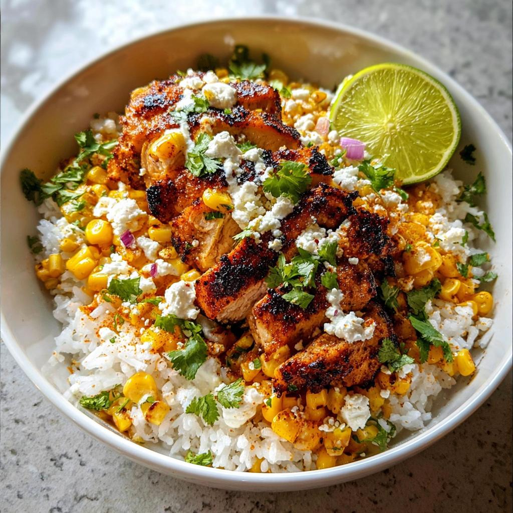 A close-up of an Easy Street Corn Chicken Bowl, featuring grilled chicken, corn, rice, crumbled cheese, cilantro, and a lime wedge.