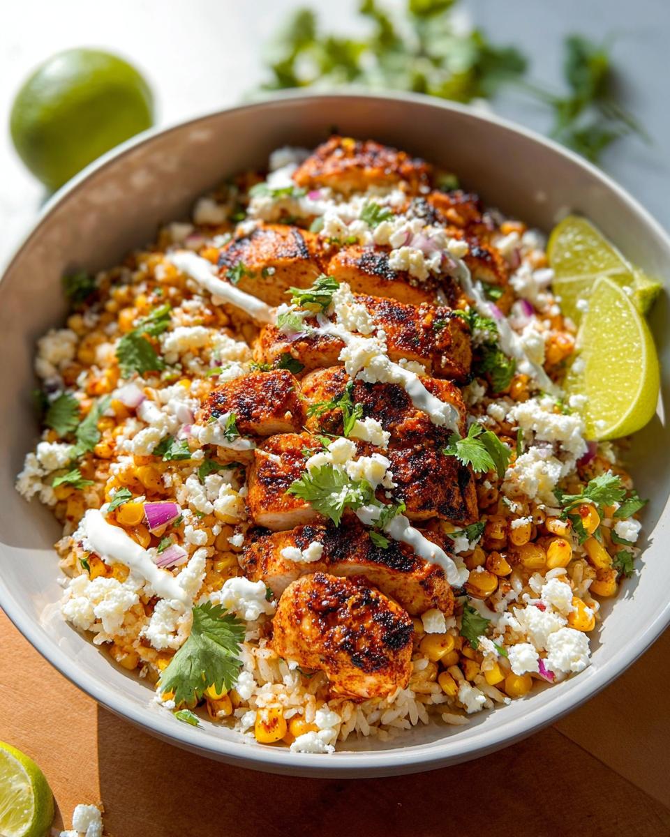 A close-up of an Easy Street Corn Chicken Bowl, featuring grilled chicken, corn, rice, crumbled cheese, cilantro, and lime wedges.