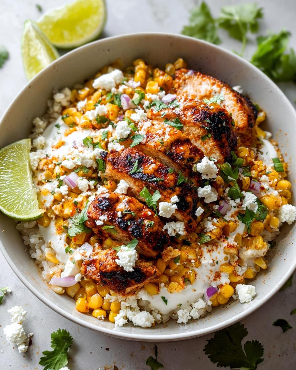 A close-up of an Easy Street Corn Chicken Bowl topped with grilled chicken, corn, crumbled cheese, and lime wedges.