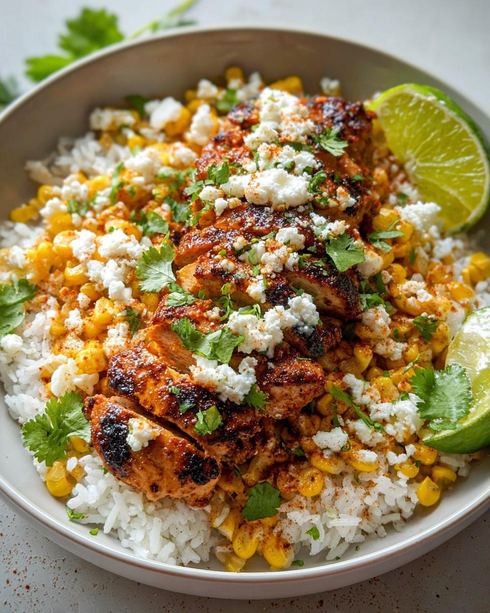 A close-up of an Easy Street Corn Chicken Bowl, featuring rice, corn, sliced chicken, crumbled cheese, cilantro, and lime wedges.
