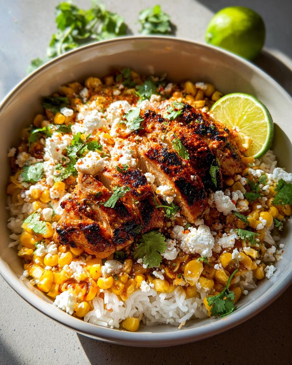 A vibrant Easy Street Corn Chicken Bowl featuring grilled chicken, corn, rice, crumbled cheese, and cilantro, with a lime wedge.