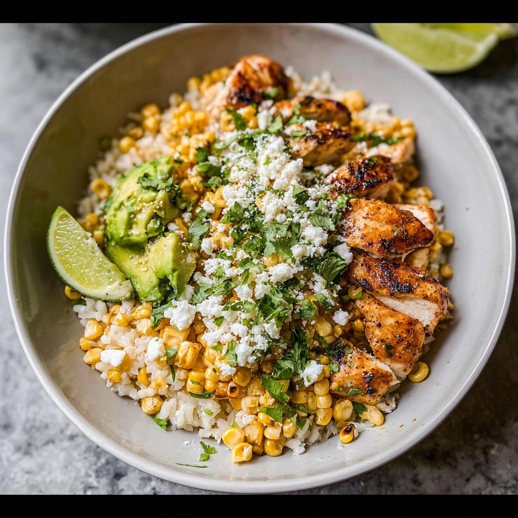A close-up of an Easy Street Corn Chicken Bowl featuring grilled chicken, corn, rice, avocado, crumbled cheese, and lime wedges.