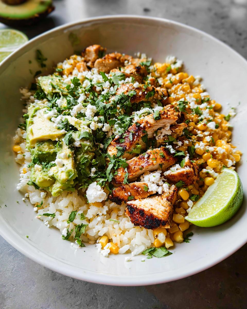 A vibrant Easy Street Corn Chicken Bowl filled with rice, grilled chicken, corn, avocado, and crumbled cheese.