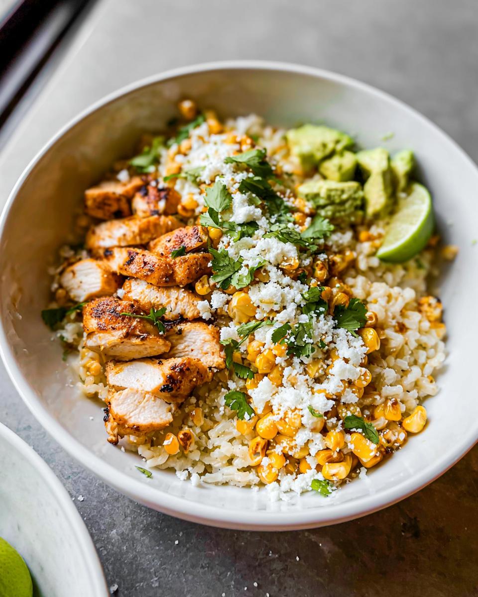 A close-up of an Easy Street Corn Chicken Bowl featuring sliced grilled chicken, corn, rice, avocado, crumbled cheese, and lime.