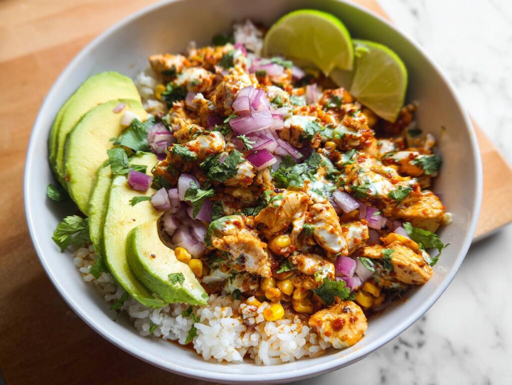 A vibrant Easy Street Corn Chicken Bowl filled with rice, seasoned chicken, corn, avocado slices, red onion, and lime wedges.