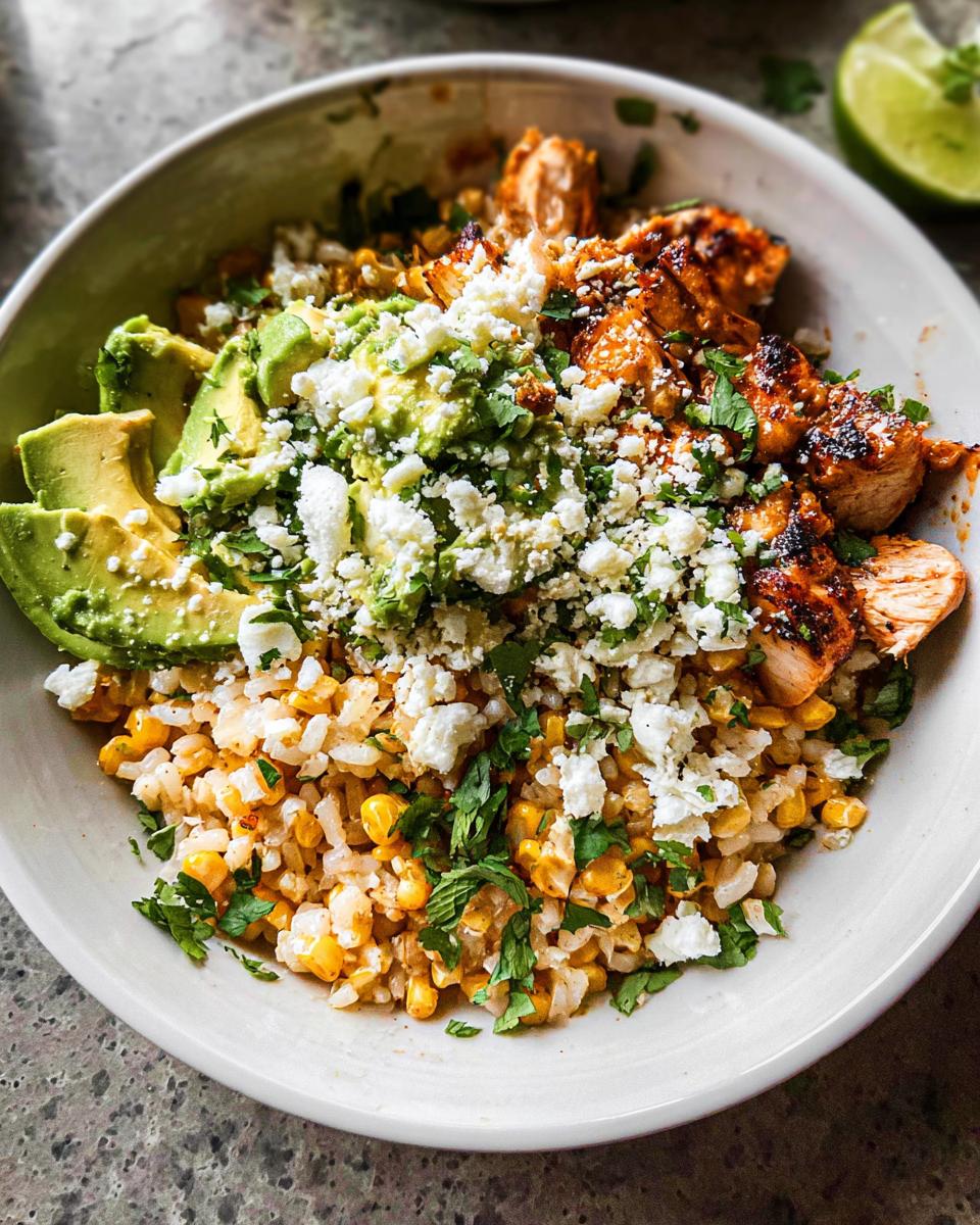 A close-up of an Easy Street Corn Chicken Bowl featuring grilled chicken, corn, avocado, and crumbled cheese.