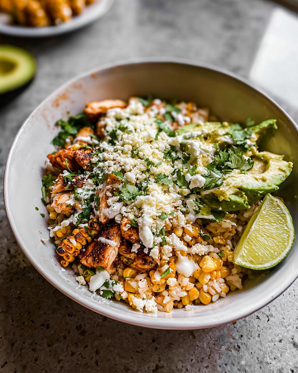A close-up of an Easy Street Corn Chicken Bowl featuring grilled chicken, corn, rice, avocado, crumbled cheese, and cilantro.