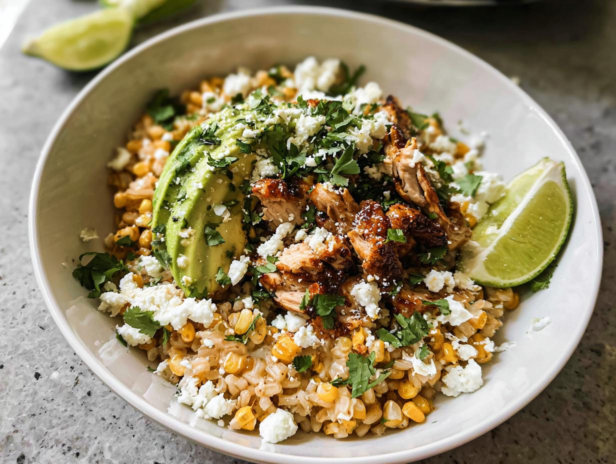 A vibrant Easy Street Corn Chicken Bowl topped with sliced avocado, crumbled cheese, and fresh cilantro, served with lime wedges.