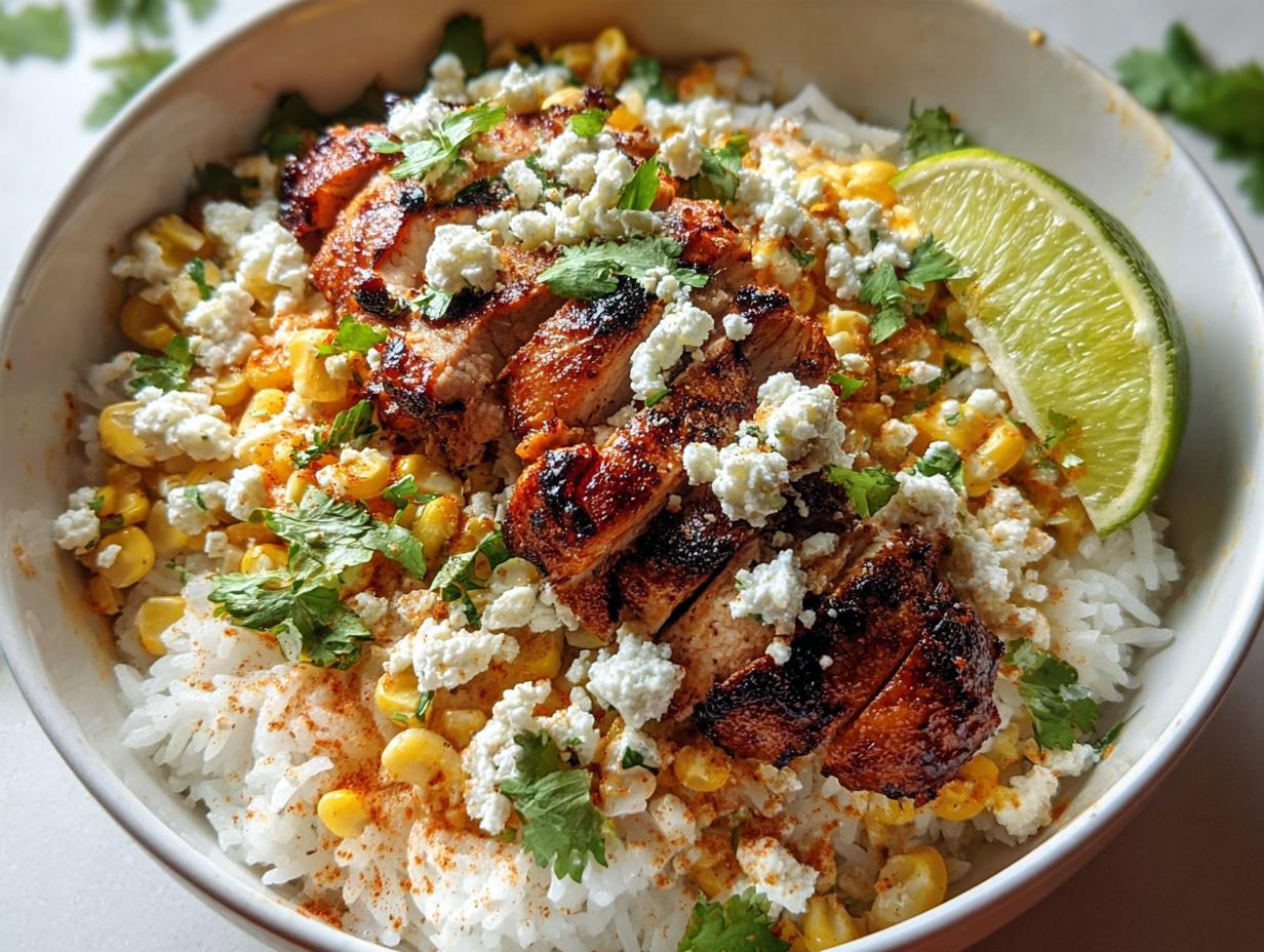 A close-up of an Easy Street Corn Chicken Bowl featuring grilled chicken, corn, rice, crumbled cheese, cilantro, and a lime wedge.