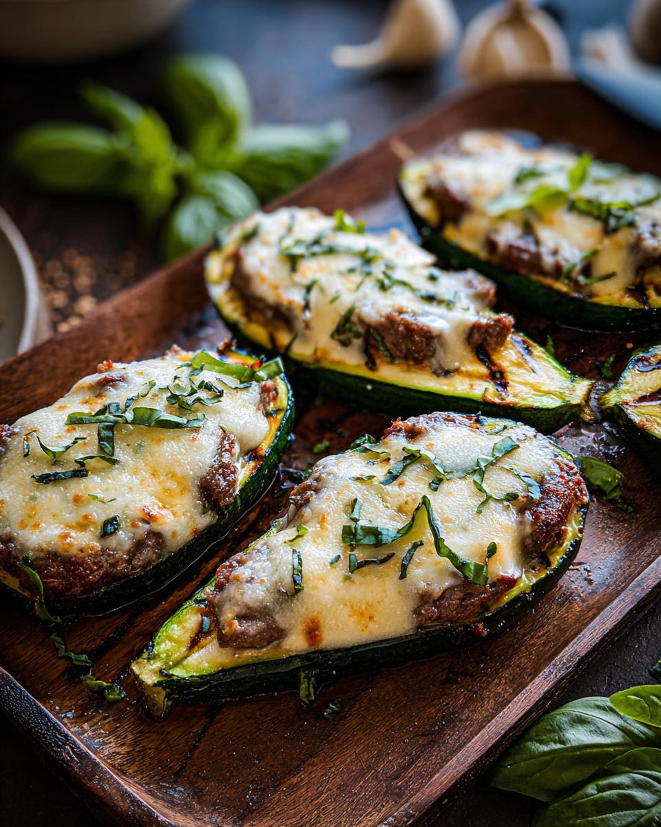 Close-up of baked zucchini boats filled with steak and topped with melted cheese and fresh basil, part of the Effortless Garlic Butter Steak & Zucchini Delight.