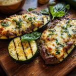 Two halves of zucchini boats filled with steak and melted cheese, topped with fresh basil. Effortless Garlic Butter Steak & Zucchini Delight.