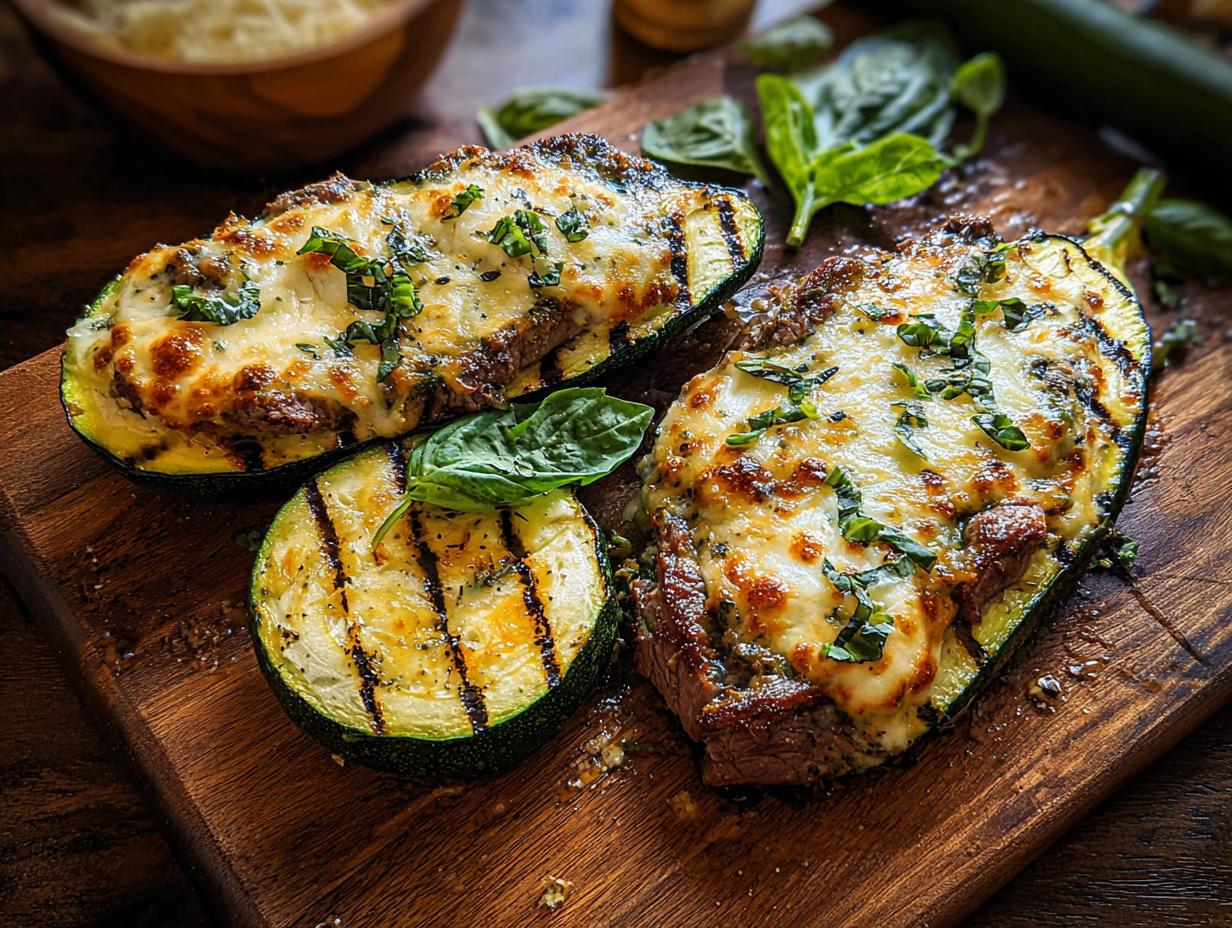 Two halves of zucchini boats filled with steak and melted cheese, topped with fresh basil. Effortless Garlic Butter Steak & Zucchini Delight.