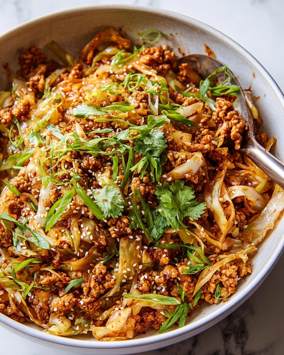 A close-up overhead view of a bowl filled with Egg Roll in a Bowl, featuring ground meat, cabbage, and garnishes.