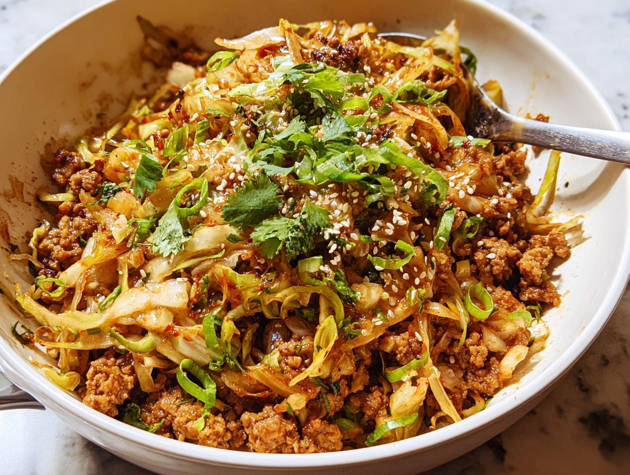 A close-up of a white bowl filled with Egg Roll in a Bowl, featuring ground meat, shredded cabbage, and garnished with green onions and sesame seeds.