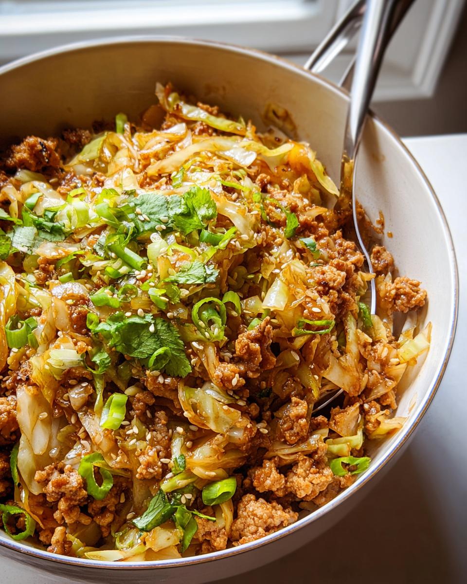 Close-up of a bowl filled with Egg Roll in a Bowl, featuring ground pork, cabbage, and green onions.