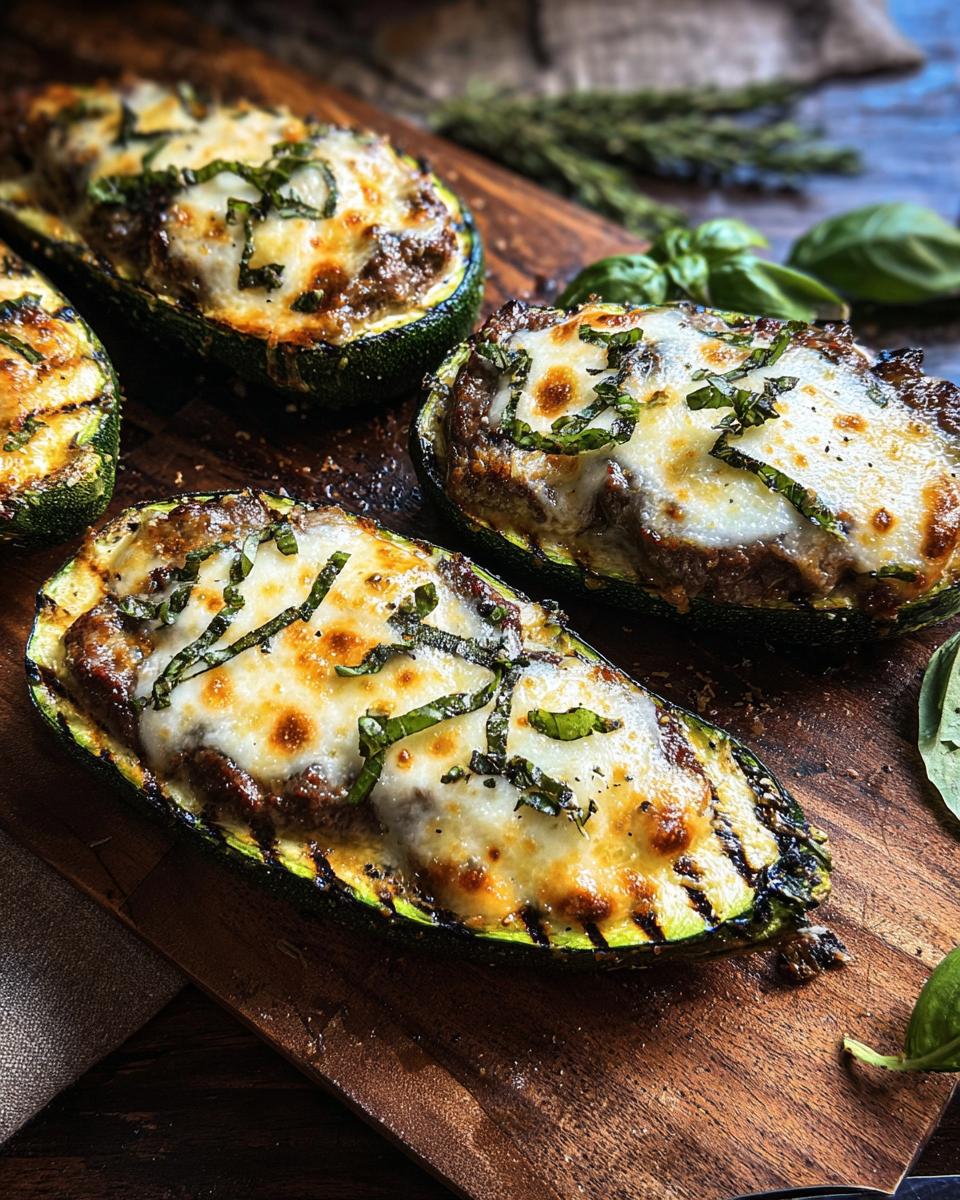 Close-up of baked zucchini boats filled with steak and melted cheese, topped with fresh basil.