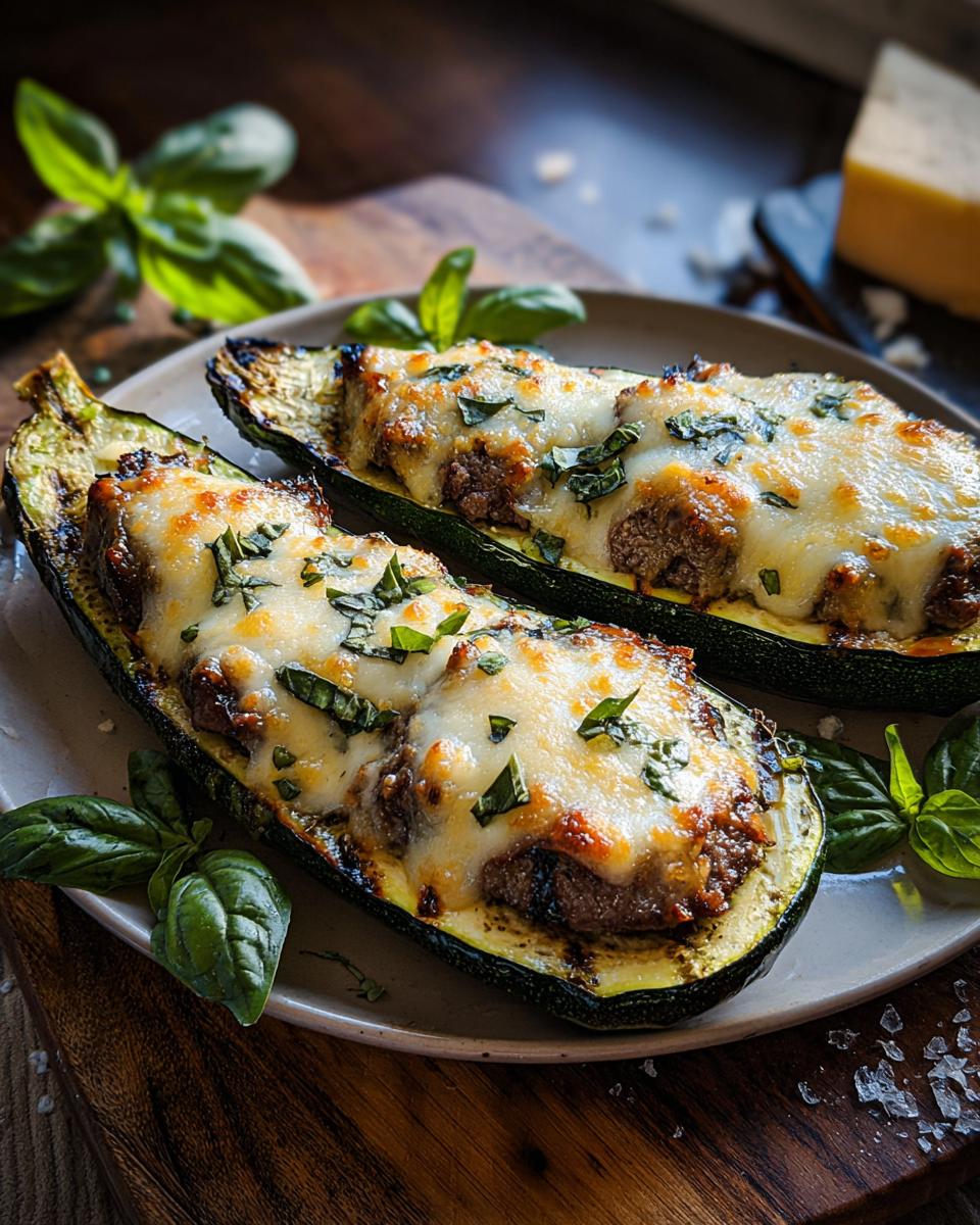 Two halves of zucchini boats filled with steak and topped with melted cheese and fresh basil.