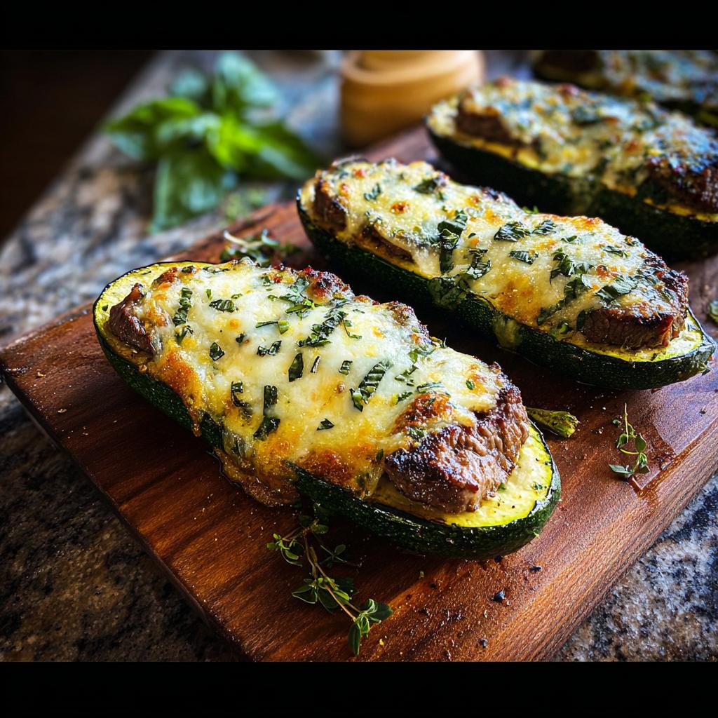 Close-up of three stuffed zucchini boats filled with garlic butter steak and topped with melted cheese and herbs.