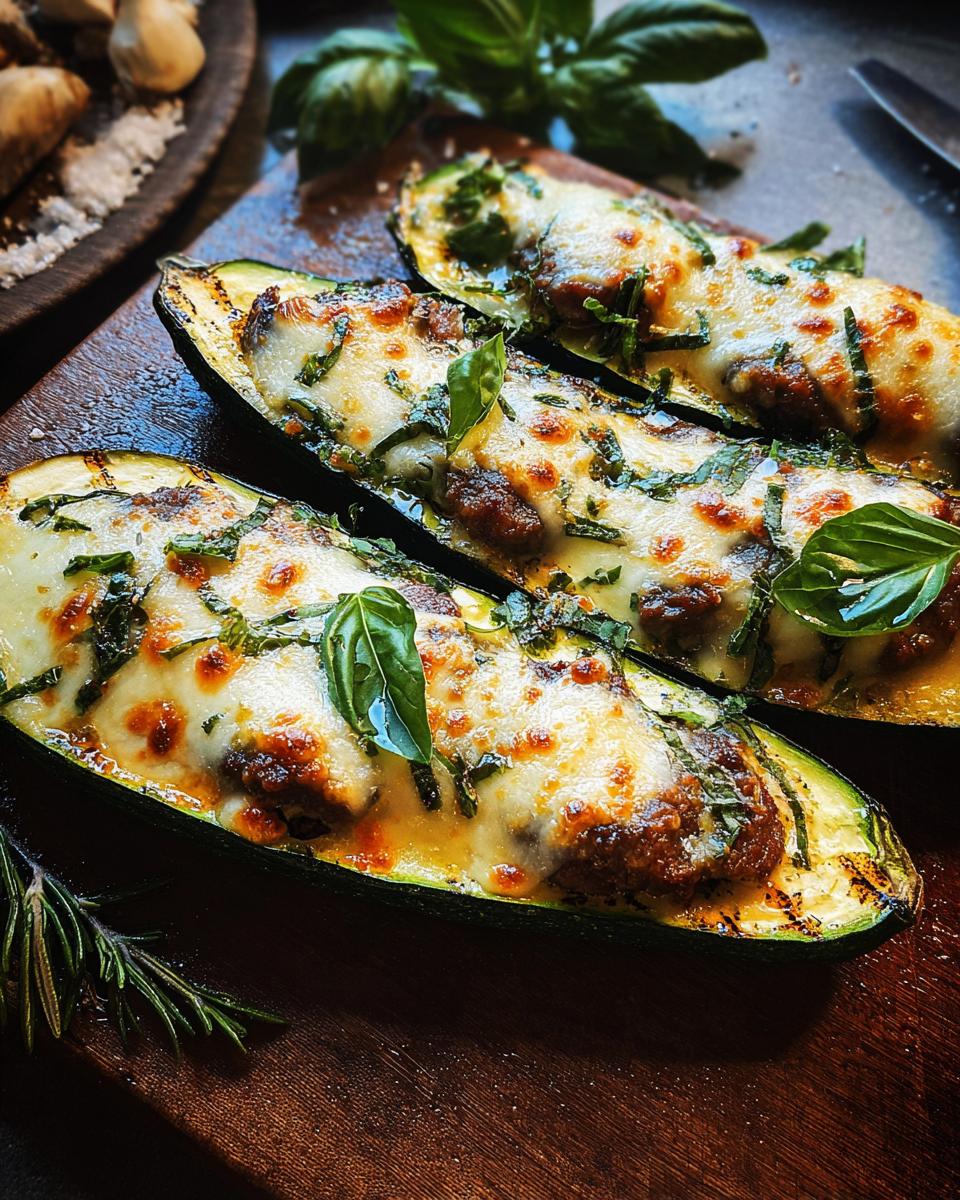 Close-up of baked zucchini halves filled with steak and topped with melted cheese and basil, part of the Effortless Garlic Butter Steak & Zucchini Delight.