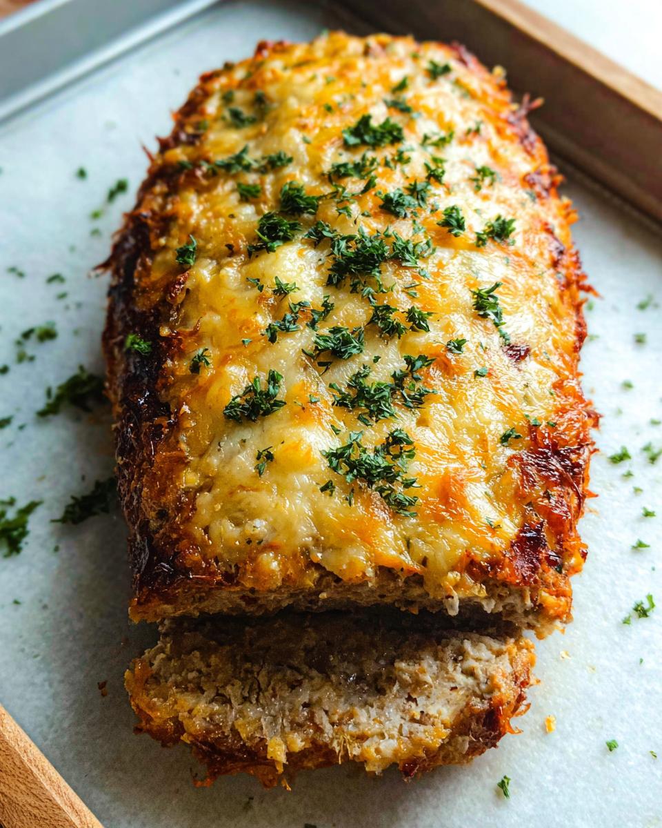 A savory Garlic Parmesan Chicken Meatloaf topped with melted cheese and fresh parsley, with one slice cut.