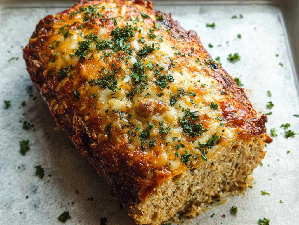 A close-up of a golden-brown Garlic Parmesan Chicken Meatloaf topped with melted cheese and fresh parsley.