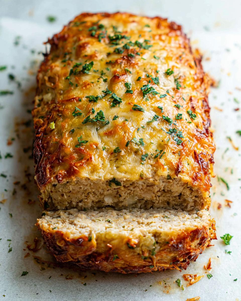 A golden-brown Garlic Parmesan Chicken Meatloaf topped with melted cheese and fresh parsley, with slices cut.
