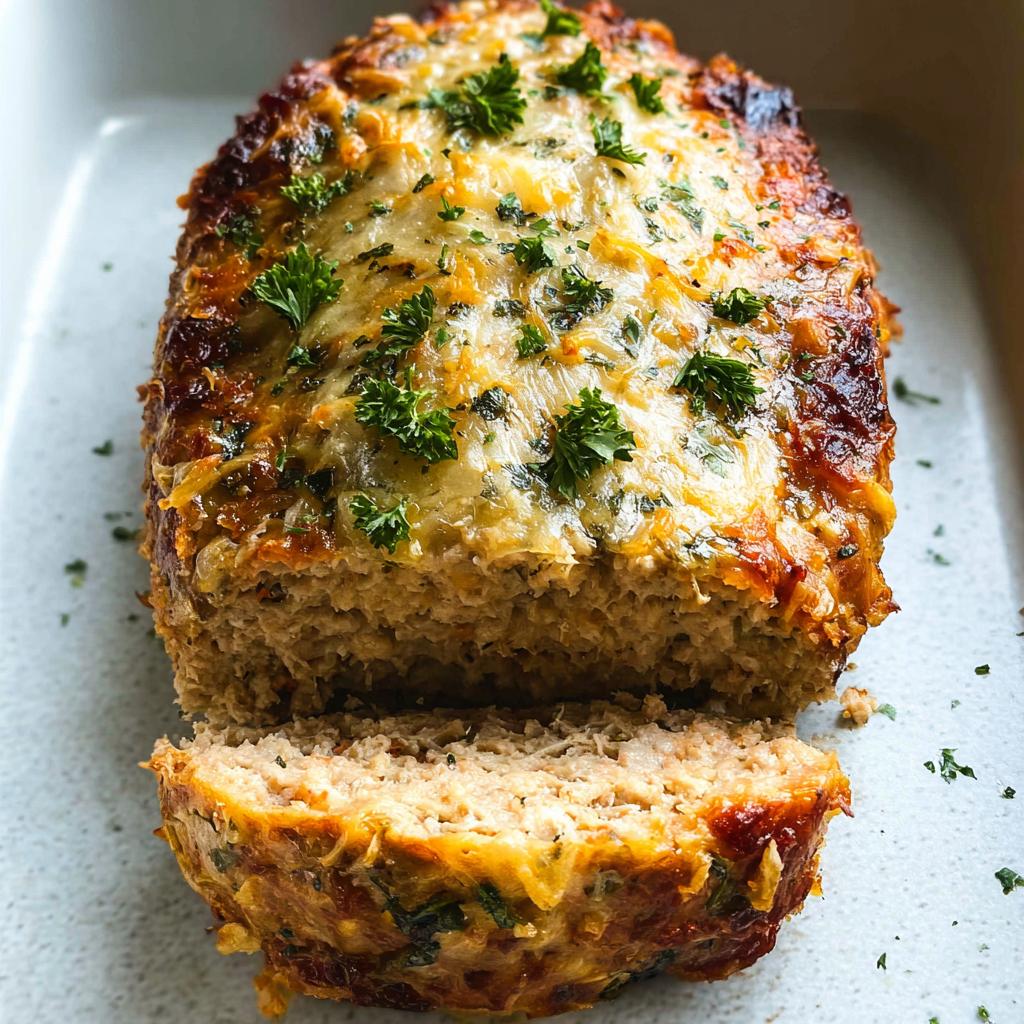 A delicious Garlic Parmesan Chicken Meatloaf, baked until golden brown and topped with melted cheese and fresh parsley.