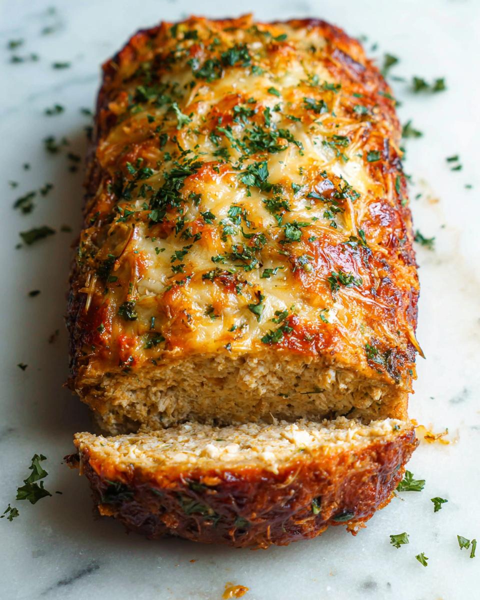 A close-up of a sliced Garlic Parmesan Chicken Meatloaf topped with melted cheese and fresh parsley.