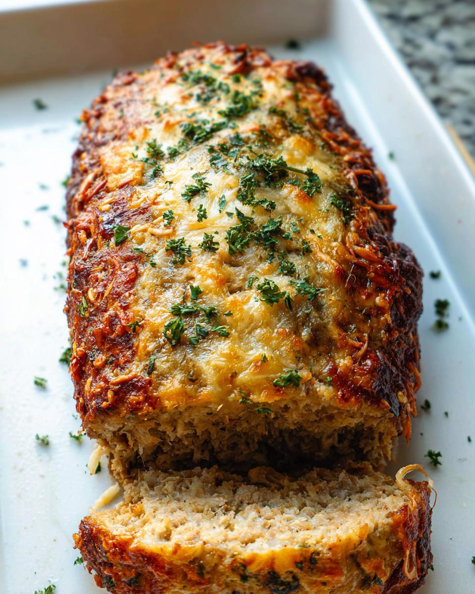 A close-up of a delicious Garlic Parmesan Chicken Meatloaf, topped with melted cheese and fresh parsley.