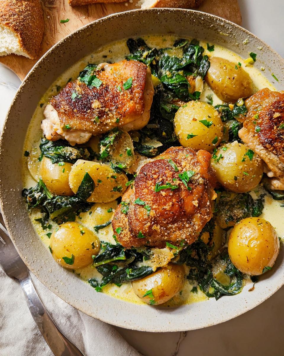 A close-up overhead view of Garlic Parmesan Chicken Thighs and Potatoes in a creamy sauce, garnished with parsley.
