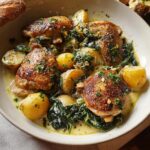 A close-up of Garlic Parmesan Chicken Thighs and Potatoes in a creamy sauce, garnished with parsley.